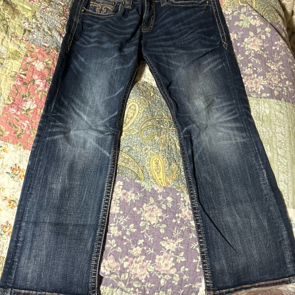 NWT Rock Revival Blue Bootcut Jeans with Vintage Distressing 36x32
